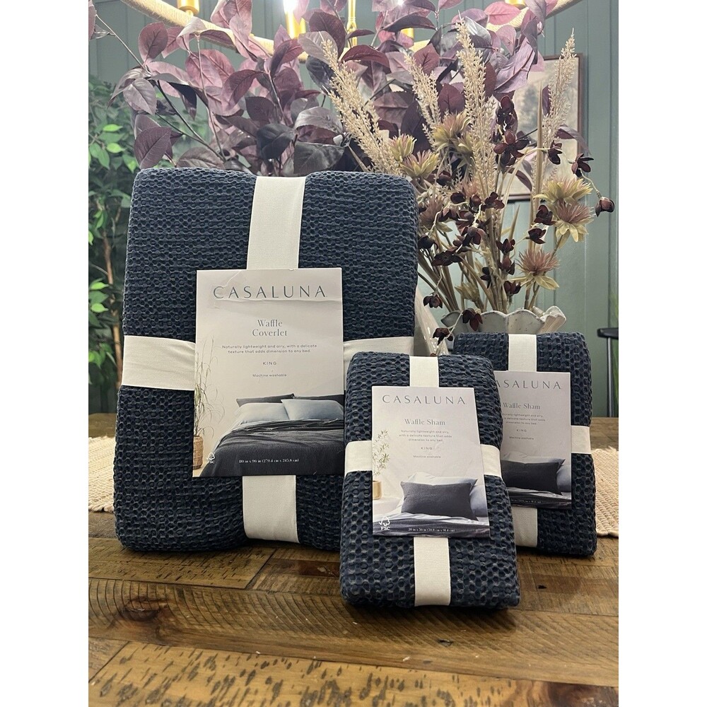 SET! King Textured Waffle Coverlet & 2 King Shams Dark Mineral Blue Casaluna